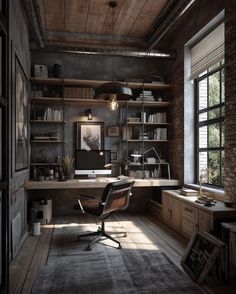 an industrial style home office with brick walls and open shelving, wooden flooring