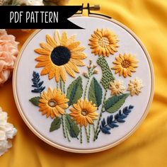 "*---- Please note only a pattern template is provided, it does not come with instructions or floss chart -----* Our original sunflower pattern was so popular we made a bunch of new ones and it's now available for instant download! This is a great pattern for those who are just starting out or comfortable with hand embroidery. Difficulty - Beginner This pattern comes as a ready to print PDF file with the pattern scaled to fit 6\" and 8\" hoops. If you'd like a different size, just send me a message and i'll send it over! To use the pattern, just download it, print the size you need, cut it out or use a light box or window to transfer the design to your fabric with a washable fabric pencil or marker or the types of pen ink that disappears with heat (my favourite), and embroider the night aw Sunflower Embroidery Pattern, Field Embroidery, Embroidery Pattern Floral, Sunflower Embroidery, Pdf Embroidery Pattern, Pattern Template, Embroidery Template, Hand Embroidery Patterns Flowers, Sunflower Field