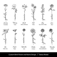 the different flowers and names in each tattoo style are drawn by hand on white paper