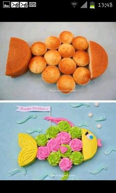 two pictures one with cupcakes and the other with cake decorations made to look like fish