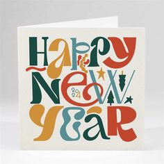 a card with the words happy new year written in different colors and shapes on it