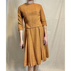 "Vintage Johnathan Logan Burnt Orange Two Piece Dress Wool XS. Dress measurements Pit to pit- 34\" Shoulder to shoulder- 27\" Waist- 24.5\" Length- 40\" Over top- Pit to pit- 36\" Shoulder to shoulder- 31\" Sleeve- 16\" Waist- 30\" Shoulder to hem- 19\"" Classic Fitted A-line Vintage Dress, Fitted Workwear Dress With Set-in Sleeves, Brown Fitted Pleated Dress, Fitted Brown Midi Dress With Buttons, Fitted Brown Pleated Midi Dress, Classic Fitted Vintage Dress For Workwear, Classic Fitted Fall Dresses, Fitted Pleated Vintage Dress, Classic Fitted Dresses For Fall