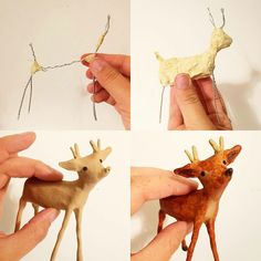 four different pictures of handmade deers being held by someone's fingers and string