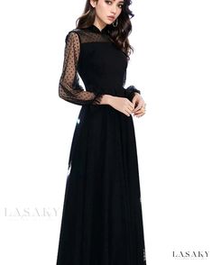 Lasaky - Sophisticated Black Long-Sleeve Evening Dress for Hosting Events Long Sleeve Evening Maxi Dress, Chic Long Sleeve Dress For Banquet, Long Sleeve Maxi Dress For Evening, Long Sleeve Solid Color Midi Dress For Banquet, Elegant Maxi Dress With Sheer Sleeves For Fall, Solid Color Long Sleeve Maxi Evening Dress, Fall Elegant Maxi Dress With Sheer Sleeves, Solid Long Sleeve Maxi Dress For Evening, Black A-line Dress With Sheer Sleeves