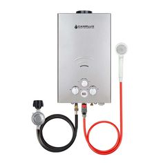 the tankless water heater is connected to a red hose and plugged in