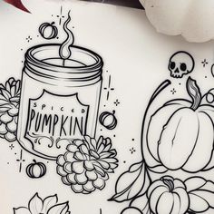 a drawing of a pumpkin jar with a skull sitting on it's side, surrounded by autumn leaves and flowers