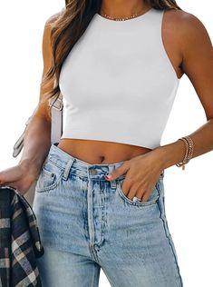 Crop Top Blanco, Halter Neck Crop Top, High Neck Crop Top, Swimsuit Material, Workout Crop Top, Cropped Tops, Girls Summer Outfits, Summer Tank Tops, Sleeveless Crop Top