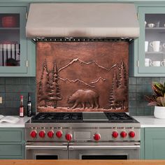 a stove top oven sitting inside of a kitchen next to a wall covered in metal artwork