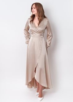 Champagne beige silk satin long wrap dress, silk dress, wrap dress, bridesmaid dress, wedding guest dress, long sleeve silk dress, women dress, maxi dress, evening dress, long dress Silk Dress Outfit Classy, Wedding Guest Dress Long Sleeve, Champagne Dresses Long, Beige Satin Dress, Champagne Silk Dress, Wedding Guest Dress Long, Beige Long Dresses, Wedding Dress Bolero, Silk Dresses Outfit