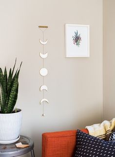 a living room with a couch, potted plant and pictures hanging on the wall