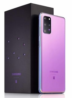 the purple samsung note 10 is next to a black box with hearts on it's side