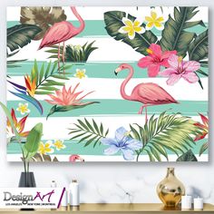 flamingos and tropical flowers are featured on the wall