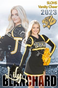 two cheerleaders in black and yellow uniforms with the words, bleachhard