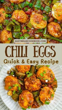 the recipe for chili eggs is shown in this collage, and it's ready to be eaten