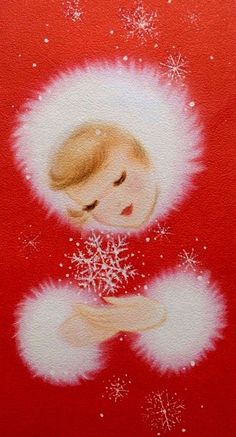 a painting of a child with snow flakes on it's head and arms