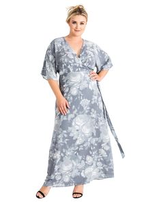 Sleek and elegant, this kimono wrap maxi dress is comfortable and flowy, making this semi-formal style transition perfectly from day to night. It features wide kimono sleeves, a wrap tie cinched waist and gorgeous v-neckline. Plus-size maxi dresses (like this cute number) look amazing on all body shapes while being a versatile closet staple. Wear it as a spring party dress or layer a fun cardigan or sweater over it, letting its full maxi skirt do all the talking. Runs slightly large in the bust. Georgette Maxi Dress, Maxi Dress Plus Size, Floral Print Kimono, Chiffon Wrap, Kimono Wrap, Wrap Maxi Dress, Grey Maxi Dress, Embroidered Maxi Dress, Sleeve Maxi Dress