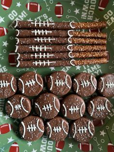 chocolate football cookies and pretzels are on a green tablecloth with white stars