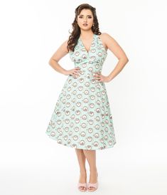 Pusheen x Unique Vintage Teal Pusheen Floral Frame Print Halter Swing Dress - Unique Vintage - Womens, DRESSES, SWING Sleeveless Retro Print Dress For Garden Party, Green Sleeveless Dress With Retro Print, Sleeveless Dress With Retro Print For Garden Party, Spring Garden Party Dress With Retro Print, Sleeveless Green Dress With Retro Print, Turquoise A-line Dresses For Spring, Green Retro Print Dress, Green Retro Dress With Retro Print, Retro Print Dress For Garden Party