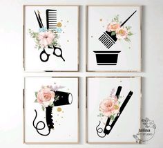 four framed art prints with flowers and hair accessories on the wall above them are black scissors, combs, and pink roses