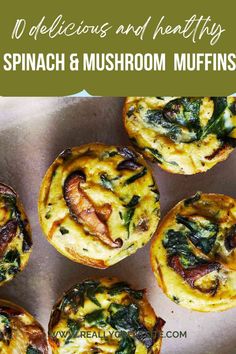 spinach and mushroom muffins with text overlay