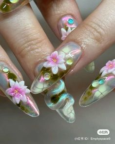 Lily Of The Valley Nail Art, Water Lily Nail Art, Flower Inspired Nails, Lotus Flower Nail Design, Snowdrop Nails, Lily Pad Nails, Japanese Nail Art Kawaii, Pressed Flower Nails, Super Long Nails