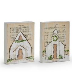 two wooden blocks with an image of a church and music notes on the wall behind them