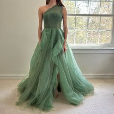 Foggy Green Color Like In The Photos. Tie Up Back With A Zipper. It Has A Slit And Some Extra Wavy Tulle Layers On The Front Like In The Photo On The Website. The Dress Is Brand New But It Did Not Come With Tags. It Took Awhile To Ship But I Can Probably Ship To Anyone In The Us Faster! Green Wedding Dress For Bride, Tulle Gown Bridesmaid, Green Fantasy Dress, Dark Green Prom Dress Long, Dark Green Prom Dress, Green Prom Dress Long, Red Lace Gown, Formal Evening Dresses Long, Fantasy Ball