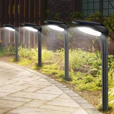 three solar powered lights on the side of a walkway in front of some bushes and plants