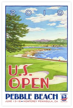 an advertisement for the us open golf tournament, with water and trees in the background