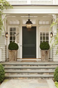 a house with two planters on the front steps