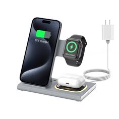 an apple watch and charger are shown with the charging station attached to their phones