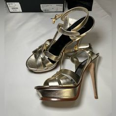 Saint Laurent Champagne Sandal Heels Brand New With Box And Dust Bag Sz 39 = Us 9 Heel 105 Platform Feel Free To Offer Luxury Gold Sandals With 4-inch Heel, Designer Formal Sandals With 4-inch Heel, Designer Closed Toe Heels With Heel Strap, Designer Heels With Sculpted Heel, Gold Sandals With Padded Heel For Galas, Gold Platform Sandals For Formal Occasions, Platform High Heels For Galas, Designer Cocktail Sandals With Heel Strap, Luxury Open Heel Sandals For Party