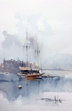 a watercolor painting of a sailboat in the ocean on a foggy day