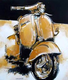 a painting of a yellow scooter on a black and white background