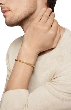 Inspired by classical and original motifs, this bracelet is meticulously crafted by artisans to be worn alone, layered or adorned with a pendant. 8" length (size medium) Push-clasp closure 18k gold Imported Classic Engraved Cuban Link Bracelet For Formal Occasions, Classic Cuban Link Box Chain Bracelet For Formal Occasions, Classic Oval Link Gold Bracelet, 18k Gold Watch, David Yurman Mens, 18k Gold Chain, Men's Bracelets, Cable Bracelets, Minimalist Designs