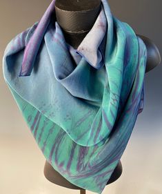 "Evening in the Meadow, shibori resist, hand-dyed, hand-painted silk crepe de chine square scarf, 37\" x 37\". Soft blues, aquas, lavenders, accented with purple meld together in this lovely, easy to wear and elegant square scarf. Wear it with everything from jeans or tights to a little black dress." Bohemian Hand-dyed Silk Scarf, Artistic Hand Dyed Silk Scarves, Artistic Hand-dyed Silk Scarves, Scarf Ideas, La Prairie, Painted Silk, Hand Painted Silk, The Meadows, Silk Painting