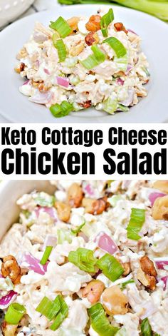 keto cottage cheese chicken salad in a white bowl with celery on the side