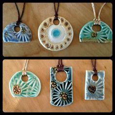 four different pictures of ceramic pendants on wooden table with one showing the same design