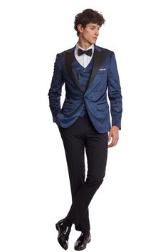 This velvet floral tux jacket will turn heads at any event you attend. This tux jacket is a step above the standard tuxedo jacket, featuring two front pockets, a peak lapel, a complementary pocket square, and a multi-color paisley inner lining.PRODUCT DETAILS: style 6460J slim fitting 1 button jacket peak lapel complimentary pocket square side vents 100% Polyester dry clean only imported Fitted Single Breasted Sport Coat For Black-tie Events, Fitted Tuxedo Sport Coat With Notch Lapel, Fitted Notch Lapel Tuxedo Sport Coat, Blue Tuxedo Style Evening Outerwear, Fitted Tuxedo Style Outerwear, Blue Fitted Blazer For Black-tie Events, Fitted Blue Blazer For Black-tie Events, Navy Velvet Tuxedo Wedding, Blue Notch Lapel Blazer For Black-tie Events