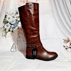 Man Made Upper Man Made Sole Shaft: 14" Circumference : 15" Casual Tall Brown Boots, Brown Round Toe Knee-high Boots For Spring, Brown Tall Fit Knee-high Boots With Round Toe, Brown Tall Boots With Round Toe, Tall Brown Boots With Round Toe, Fitted Knee-high Boots With Buckle Closure And Round Toe, Classic Round Toe Knee-high Boots For Spring, Classic Knee-high Boots With Round Toe For Spring, Fitted Boots With Buckle Closure And Round Toe