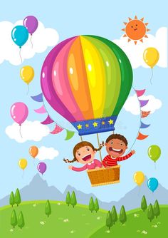 Cartoon kids riding a hot air balloon over the field stock illustration Balloon Cartoon, School Wall Art, School Murals, School Painting, Siluete Umane, 3d Quilling, Cartoon Background, School Decorations, Baby Set