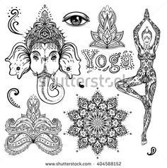 Set of Ornamental Boho Chic Style Elements. Vector illustration. Tattoo template. Trendy hand drawn tribal symbol collection. Hippie design elements. Coloring book for adults pages. Zentangle style. Finger Symbols, Hindu Meditation, Middle Finger Tattoos, Phönix Tattoo, Tattoo Finger, Henna Drawings, Hippie Designs, Tattoo Templates, Hawaiian Tattoo