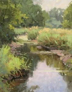 an oil painting of a stream in the woods