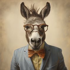 a llama wearing glasses and a suit with a bow tie on it's head