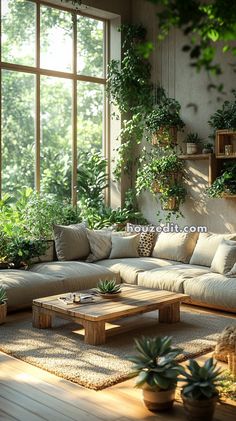 a living room filled with lots of furniture and plants on the windows sills