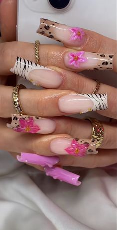 Different Nail Design Each Finger, Pink Tiger Print Nails, Xxl Square Nail Designs, Cheetah And Pink Nails, Puerto Rico Vacation Nails, Nails Design Leopard, Lisa Frank Inspired Nails, Nail Inspo For Vacation, Nail Mood Board