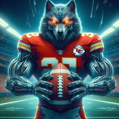 an image of a football player with a wolf on his face and the ball in his hands