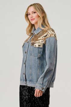 Gee Gee Washed look soft and comfy jean denim jacket with gold sequins accents on shoulders and pocket flaps. Extra Long sleeves, button up, collared, chest pockets. Southwest vibes. Casual and classy. It's a must have layer piece coat jacket. Color: Gold Combo Sizes: S-M-L J2-1/SJ1876 Embellished Denim Jacket For Fall, Embellished Gold Outerwear For Spring, Spring Embellished Gold Outerwear, Gold Sequined Outerwear For Spring, Gold Embellished Outerwear For Spring, Denim Outerwear For Fall Party, Denim Long Sleeve Jacket For Night Out, Casual Denim Outerwear For Party, Denim Outerwear For Night Out In Fall