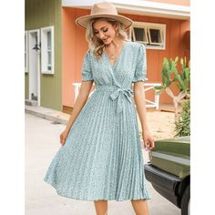 This women's summer beach dress is made from soft, comfortable, and breathable fabric ideal for summer wear. It features a wrap V-neck, printed design, pleated details, short lantern sleeves, elastic high waist, A-line silhouette, elegant hem, and belt for a casual yet elegant look. Suitable for various occasions like school, work, beach outings, weddings, and more, the dress can be dressed up or down for a lively and elegant appearance. Pair with high heels, wedges, flats, or sandals for a styl Vacation V-neck Pleated Midi Dress, Summer Maxi Length V-neck Dress For Brunch, Summer Maxi V-neck Dress For Brunch, Green Midi Dress With Surplice Neckline For Beach, Summer Pleated V-neck Dress With Short Sleeves, Summer Brunch V-neck Dress With Short Sleeves, Green V-neck Knee-length Dress For Spring, Summer Pleated Midi-length Dresses, Pleated V-neck Midi Dress For Vacation