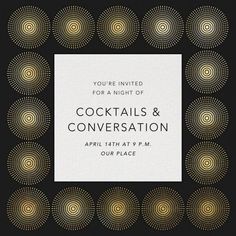 a black and gold party card for cocktails and conversation with an abstract design in the middle